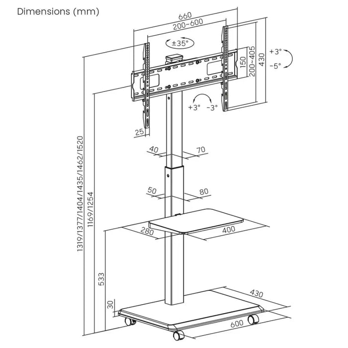Stand / cart for TV Ergo-Office max. load 50kg / 5kg shelf max. VESA 600x400 built-in power strip black ER-304 B