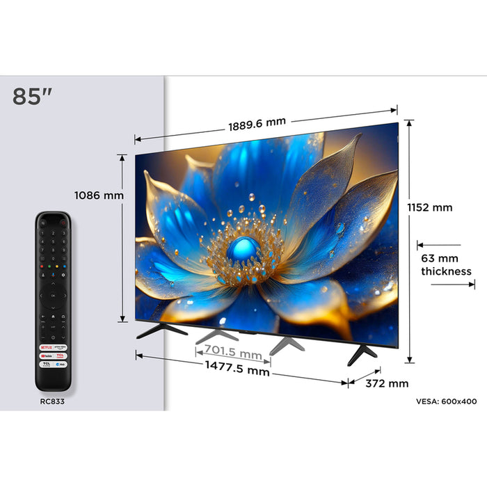 TV TCL 85QLED780K 4K Ultra HD QLED SMART TV, GOOGLE TV, 85.0 ", 215.0 cm
