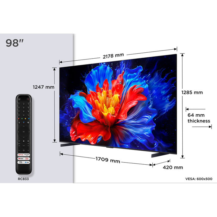 TV TCL 98QLED810K 4K Ultra HD QLED SMART TV, GOOGLE TV, 98.0 ", 248.0 cm