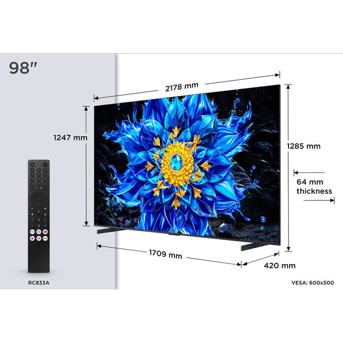 TV TCL 98P8L 4K ULTRA HD QD-Mini LED SMART TV, GOOGLE TV, 98.0 ", 248.0 cm