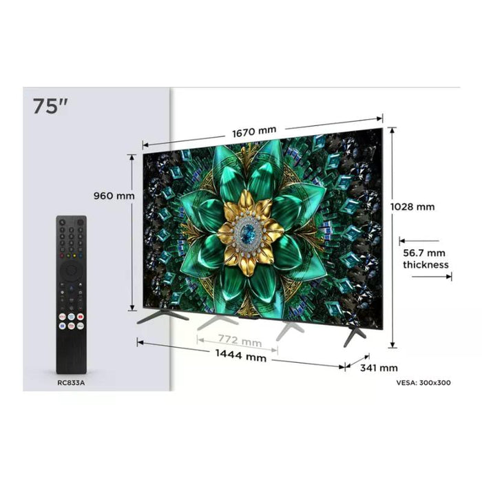 TV TCL 75Q6C, 75"(189 cm), QD-Mini LED, 4K Ultra HD, Smart TV, Google TV