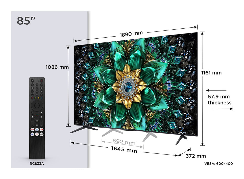 TV TCL 85Q6C, 85"(215 cm), QD-Mini LED, 4K Ultra HD, Smart TV, Google TV