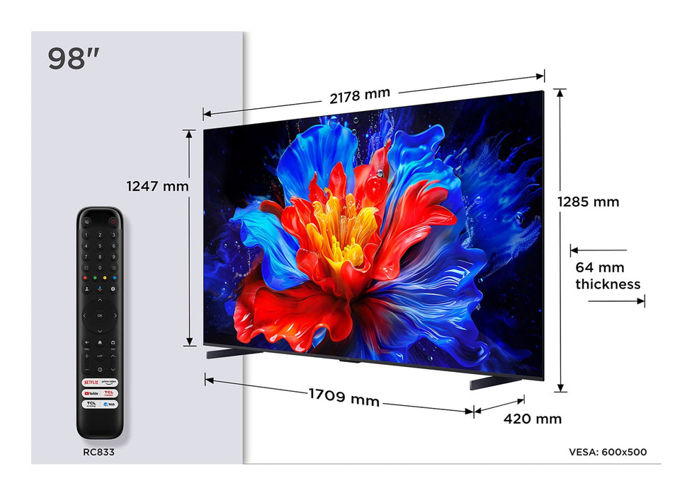 TV TCL 98P8K QLED TV, 98", 4K Ultra HD, AiPQ Pro Processor