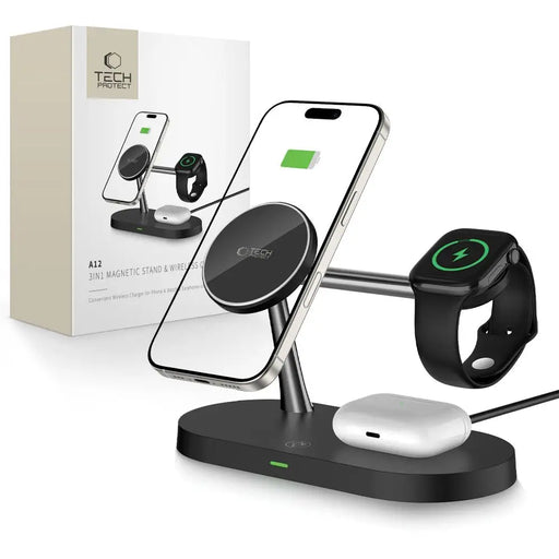 Tech-Protect A12 3in1 MagSafe Inductive Charger for Smartphone/Headphones/Smartwatch - Black - Cell phone USB