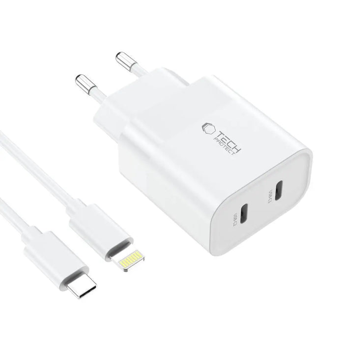 Tech-Protect C20W 2x USB-C PD 20W charger with USB-C / USB-C cable - white - Cell phone USB charger<<<HurtelXML