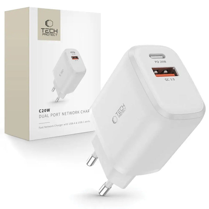 Tech-Protect C20W charger USB-C PD 20W / USB-A QC 3.0 - white - Cell phone USB charger<<<HurtelXML