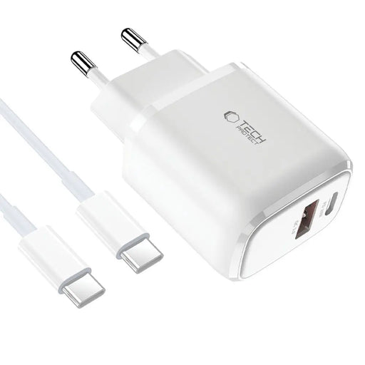 Tech-Protect C20W USB-C PD 20W / USB-A QC 3.0 charger with USB-C / USB-C cable - white - Cell phone USB