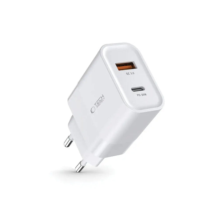 Tech-Protect C30W charger USB-C PD 30W / USB-A QC 3.0 - white - Cell phone USB charger<<<HurtelXML