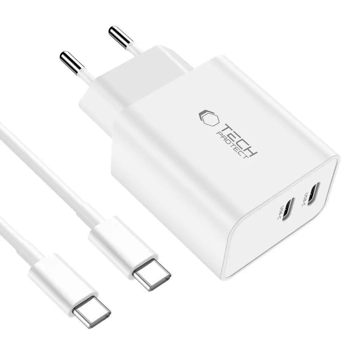 Tech-Protect C35W 2x USB-C PD 35W charger with USB-C / USB-C cable - white - Cell phone USB charger<<<HurtelXML