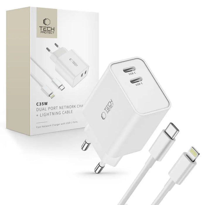 Tech-Protect C35W 2x USB-C PD 35W Wall Charger with USB-C / Lightning Cable - White - Cell phone USB charger<<<HurtelXML