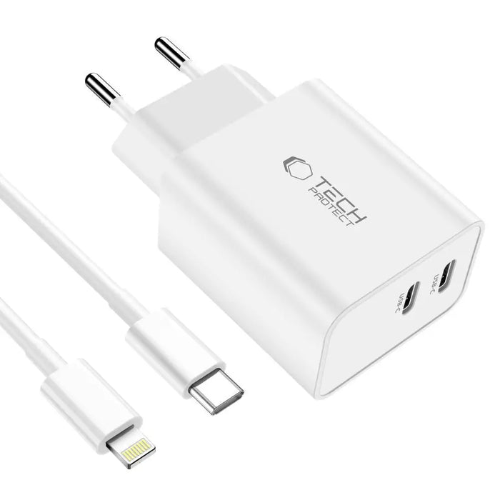 Tech-Protect C35W 2x USB-C PD 35W Wall Charger with USB-C / Lightning Cable - White - Cell phone USB charger<<<HurtelXML
