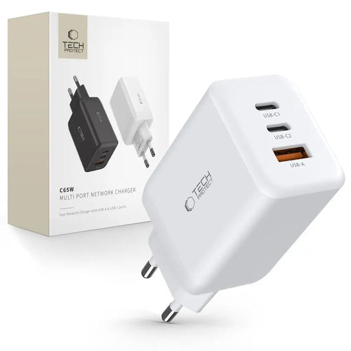 Tech-Protect C65W charger 2x USB-C PD 65W / USB-A QC 3.0 - white - Cell phone USB charger<<<HurtelXML