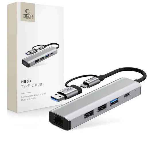 Tech-Protect HB03 HUB Adapter 5in1 USB-C + USB2.0 + USB3.0 + RJ45 - gray - USB adapters<<<HurtelXML