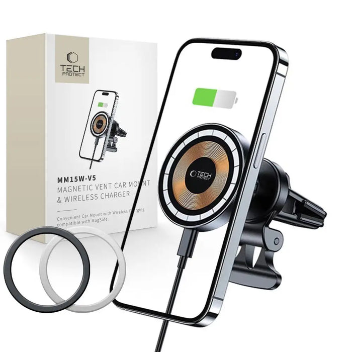 Tech-Protect MM15W-V5 Car Phone Holder with MagSafe 15W Inductive Charger for Air Vent - Black - Cell phone USB