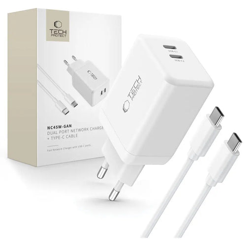 Tech-Protect NC45W-GAN 2-PORT PD45W Charger + TYPE-C CABLE - white - Cell phone USB charger<<<HurtelXML