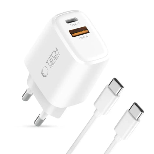 Tech-Protect NCA20 PD 20W QC3.0 USB-A / USB-C Wall Charger + USB-C / USB-C Cable 100cm - White - Cell phone USB