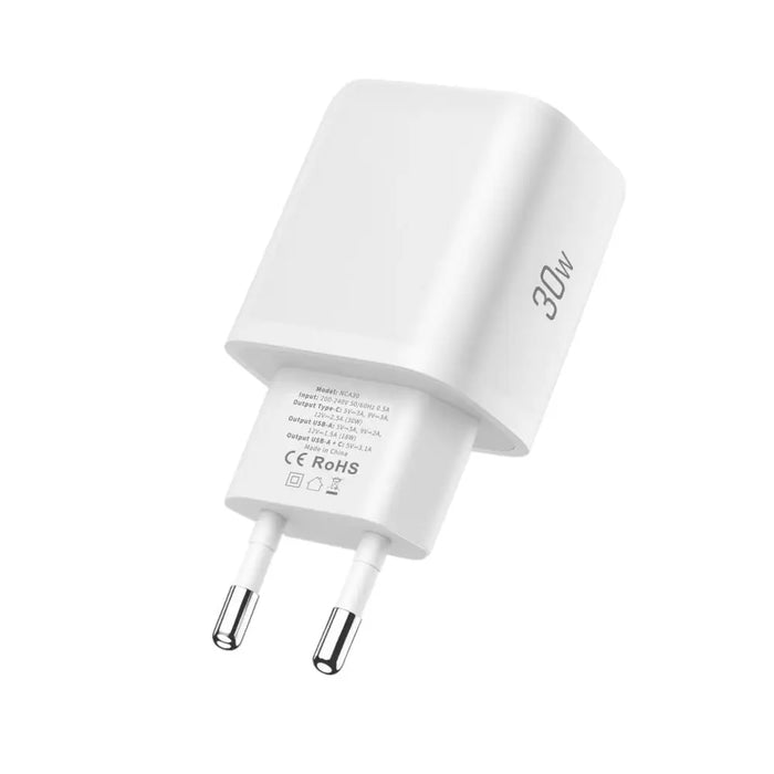 Tech-Protect NCA30 PD 30W QC3.0 USB-A / USB-C Wall Charger + USB-C / USB-C Cable 100cm - White - Cell phone USB