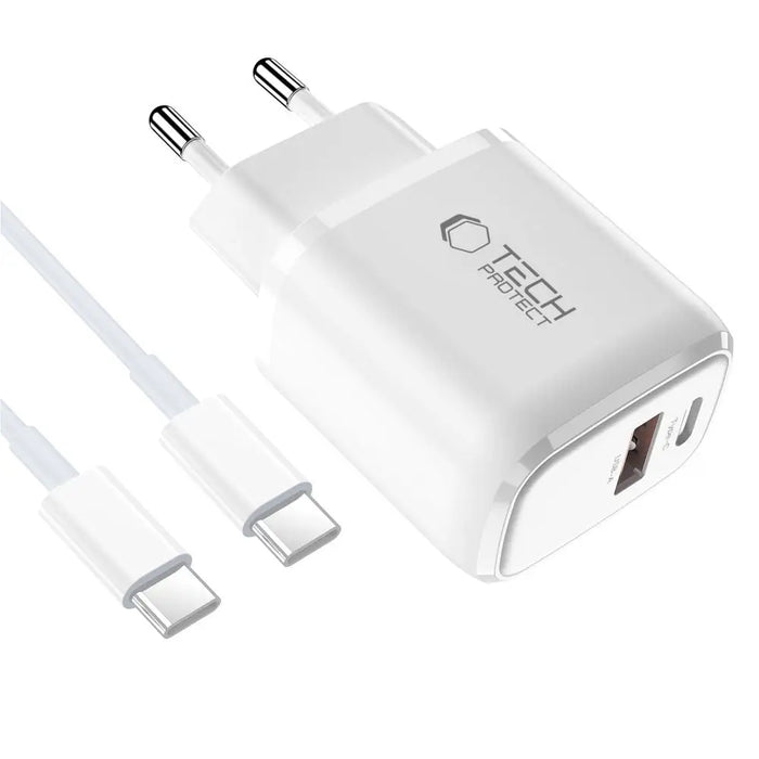 Tech-Protect NCA30 PD 30W QC3.0 USB-A / USB-C Wall Charger + USB-C / USB-C Cable 100cm - White - Cell phone USB