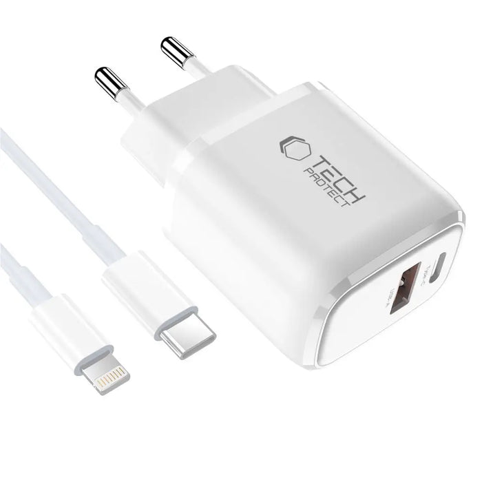 Tech-Protect NCA30 PD 30W QC3.0 USB-A / USB-C Wall Charger + USB-C / Lightning Cable 100cm - White - Cell phone USB