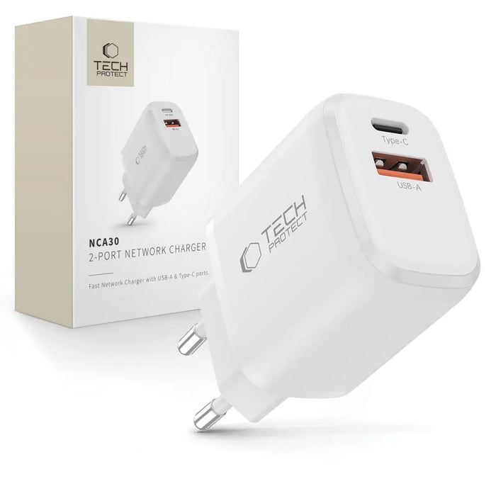 Tech-Protect NCA30 PD 30W QC3.0 USB-A / USB-C Wall Charger - White - Cell phone USB charger<<<HurtelXML