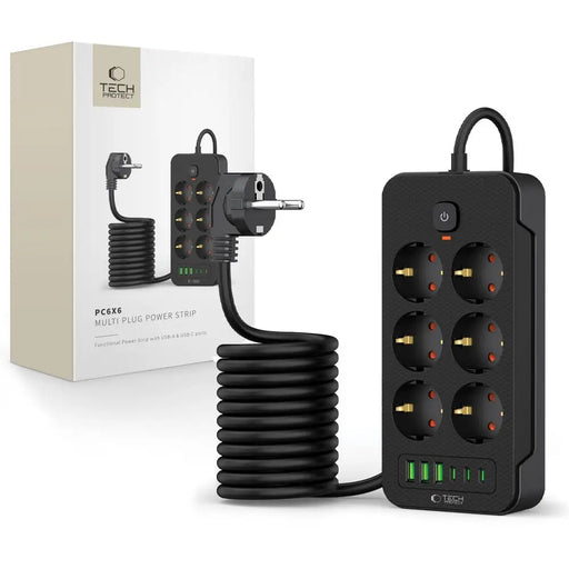 Tech-Protect PC6X6 Power Strip 6 Sockets 240V + 3xUSB-A + 3xUSB-C 200cm - Black - *Temporary category<<<HurtelXML
