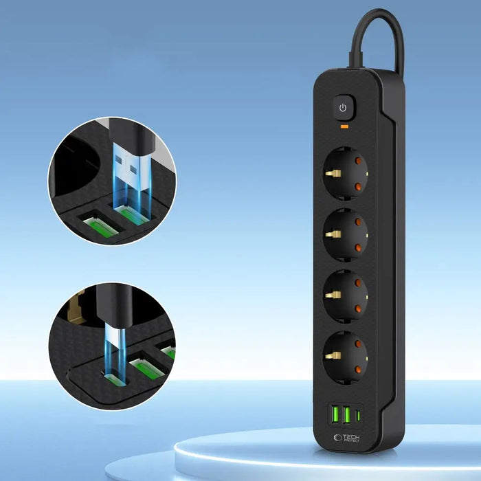 Tech-Protect PCL4X3 Power Strip 4 Sockets 240V + 2xUSB-A + 1xUSB-C 200 cm - Black - *Temporary category<<<HurtelXML