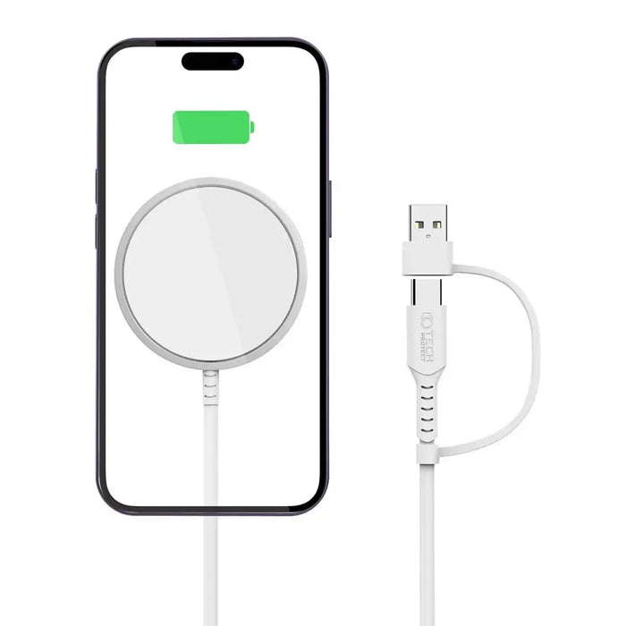 Tech-Protect QI15W-A25 MagSafe 15W Inductive Charger with USB-A / USB-C Cable - White - Cell phone USB