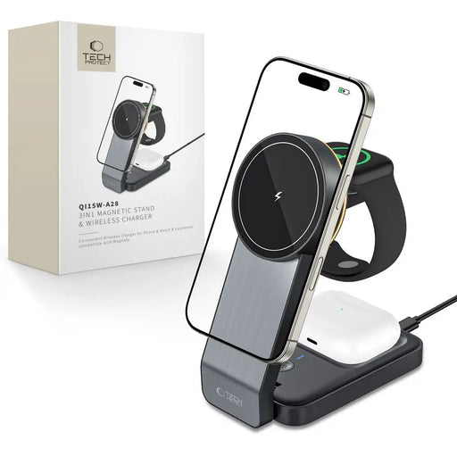 Tech-Protect QI15W-A28 MagSafe 3in1 Inductive Charger with Smartphone / Apple Watch / AirPods Stand - Black - Cell