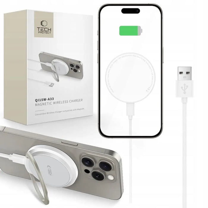 Tech-Protect QI15W-A33 Inductive Charger with MagSafe and Stand with USB-A / USB-C Cable - White - Cell phone USB