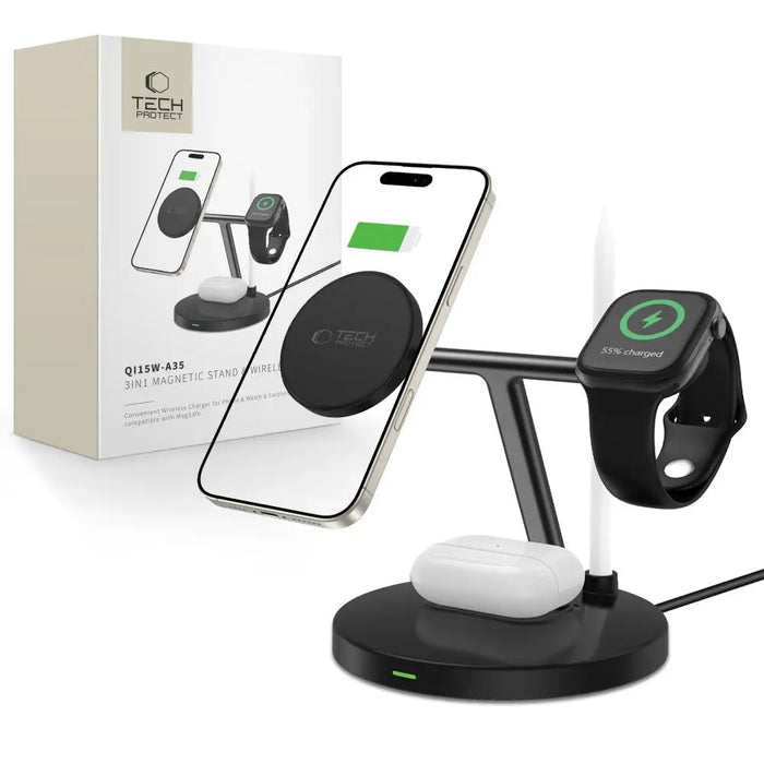 Tech-Protect QI15W-A35 3-in-1 Inductive Charger with MagSafe for Phone / AirPods / Apple Watch - Black - Cell phone USB