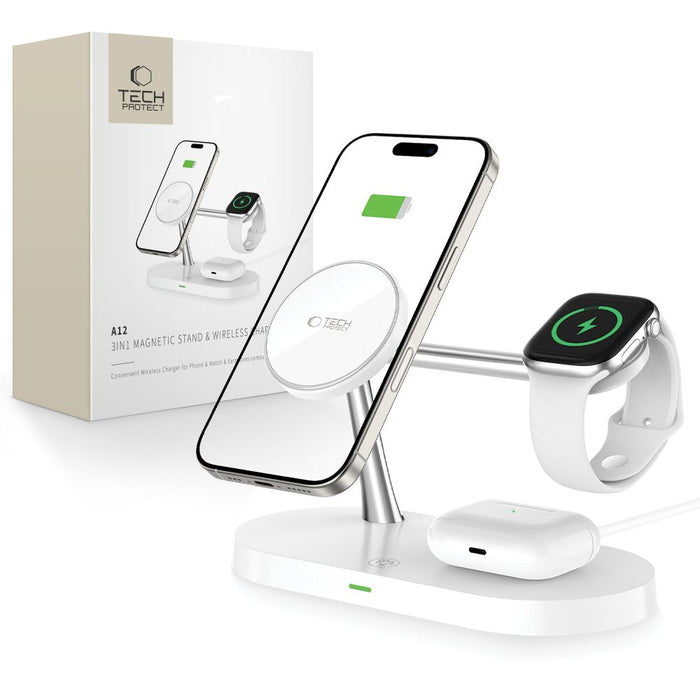 Tech-Protect A12 3in1 MagSafe Inductive Charger for Smartphone/Headphones/Smartwatch - White