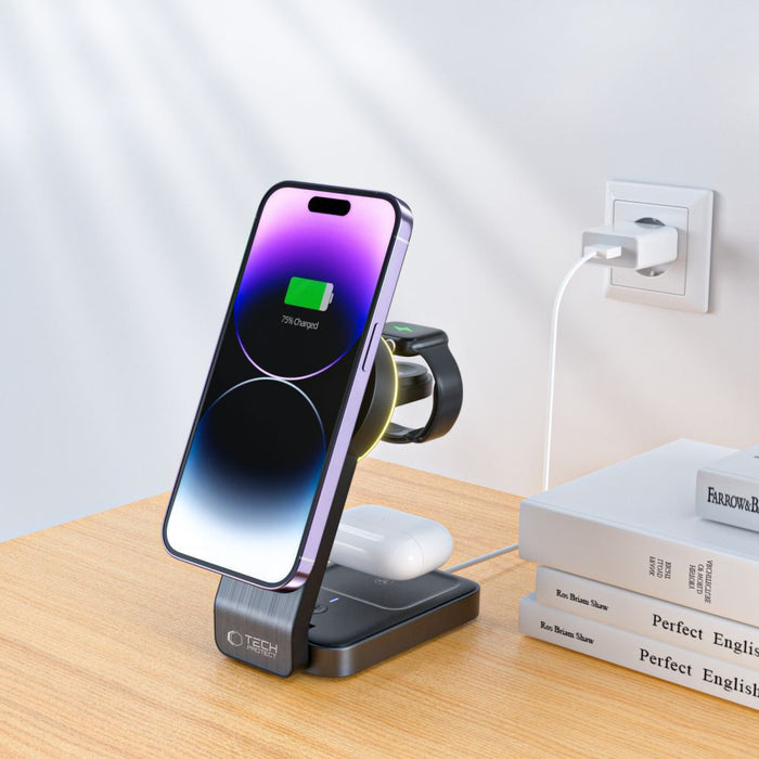 Tech-Protect QI15W-A28 MagSafe 3in1 Inductive Charger with Smartphone / Apple Watch / AirPods Stand - Black