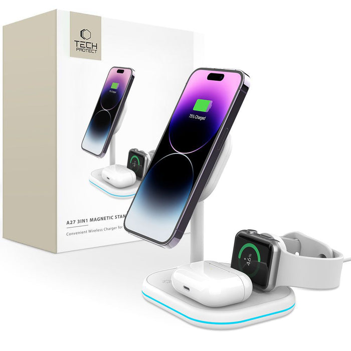 Tech-Protect QI15W-A27 3-in-1 inductive charger with MagSafe stand for smartphone / Apple Watch / AirPods - white