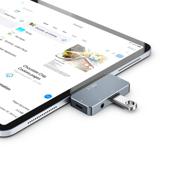 HUB Tech-Protect V6 4in1 USB-C - USB-A 3.0 / USB-C PD100W / HDMI / mini jack 3.5mm - gray