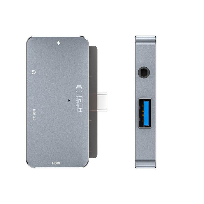 HUB Tech-Protect V6 4in1 USB-C - USB-A 3.0 / USB-C PD100W / HDMI / mini jack 3.5mm - gray