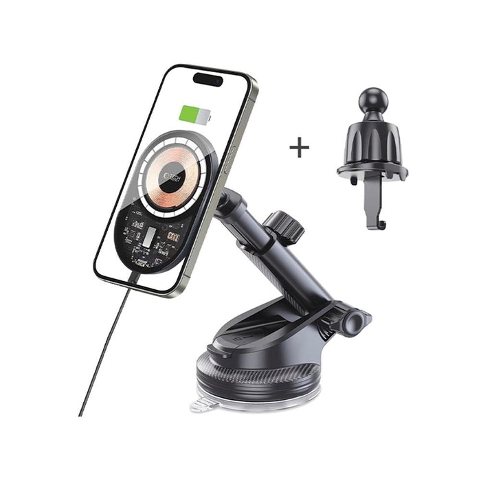 Tech-Protect MM15W-V6 15W Car Charger Holder with MagSafe for Dashboard and Air Vent - Black