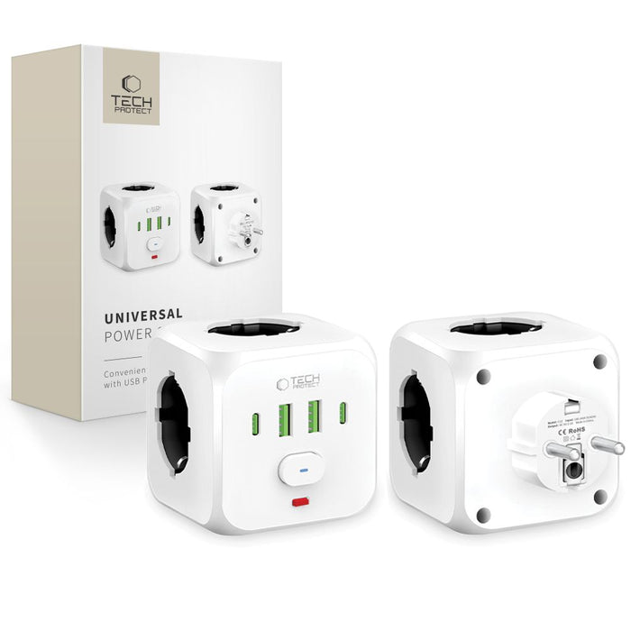 Tech-Protect PCL3x4 Power Strip, 2x USB-A, 2x USB-C, 3x AC Type Schuko - White