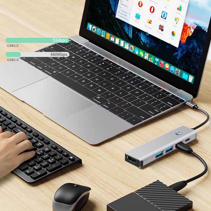 Tech-Protect HB01 HUB Adapter 5in1 USB-C + USB3.0 + HDMI 4K 60Hz + PD100W - gray