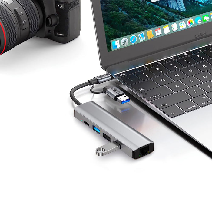 Tech-Protect HB03 HUB Adapter 5in1 USB-C + USB2.0 + USB3.0 + RJ45 - gray