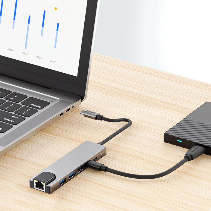 Tech-Protect HB02 HUB Adapter 6in1 USB-C + USB2.0 + USB3.0 + HDMI 4K 30Hz + RJ45 + PD100W - gray
