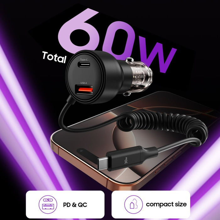 CC05 Car Charger 2-Port PD60 W + USB-C Cable - Black