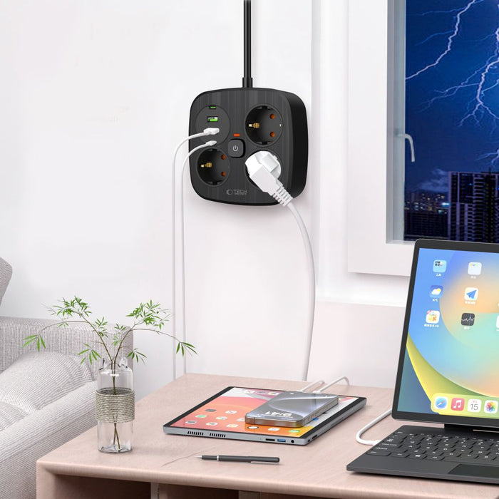 Tech-Protect PCS3X4 power strip, 3 sockets, 2xUSB-A, 2xUSB-C 200 cm - black