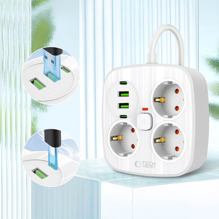 Tech-Protect PCS3X4 power strip, 3 sockets, 2xUSB-A, 2xUSB-C 200 cm - white