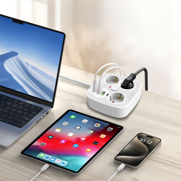 Tech-Protect PCS3X4 power strip, 3 sockets, 2xUSB-A, 2xUSB-C 200 cm - white