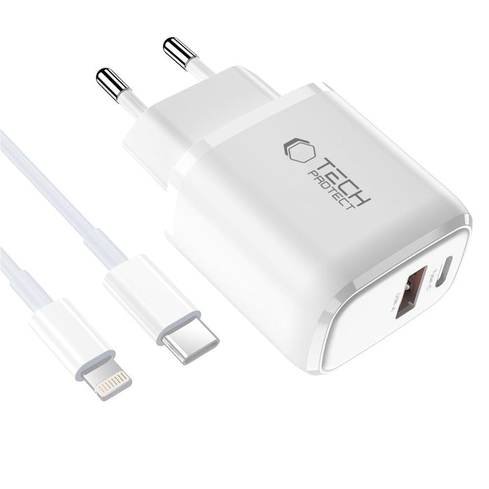 Tech-Protect NCA30 PD 30W QC3.0 USB-A / USB-C Wall Charger + USB-C / Lightning Cable 100cm - White