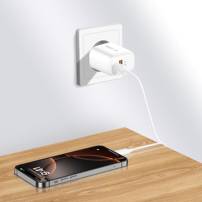 Tech-Protect NCA20 PD 20W QC3.0 USB-A / USB-C Wall Charger + USB-C / Lightning Cable 100cm - White