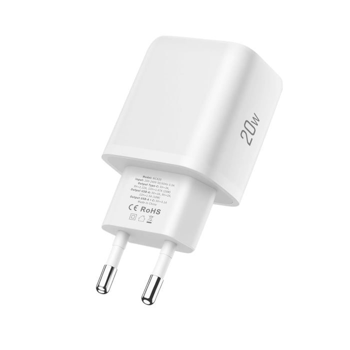 Tech-Protect NCA20 PD 20W QC3.0 USB-A / USB-C Wall Charger + USB-C / Lightning Cable 100cm - White
