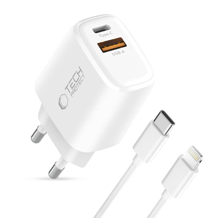 Tech-Protect NCA20 PD 20W QC3.0 USB-A / USB-C Wall Charger + USB-C / Lightning Cable 100cm - White