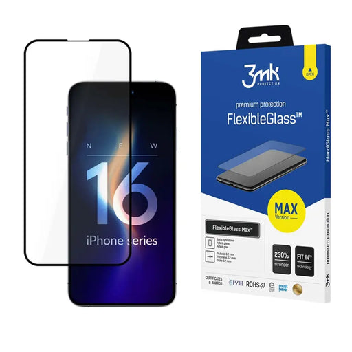 Tempered glass 3mk FlexibleGlass Max with black frame for iPhone 16 - Cell phone tempered glass<<<HurtelXML