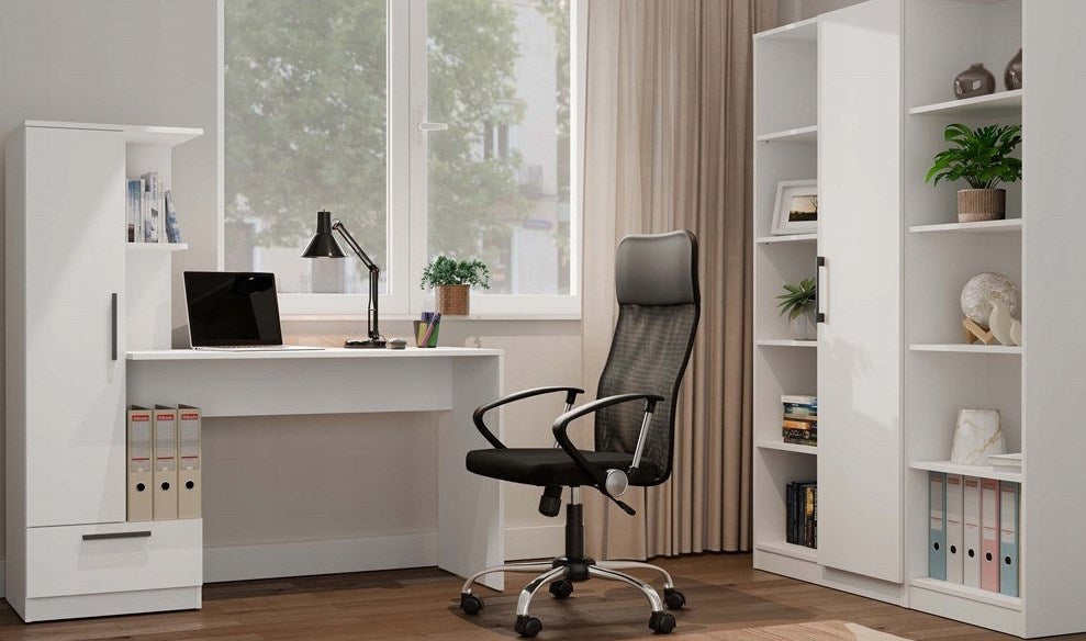 Cosmo Desk + Bookcase Set, White